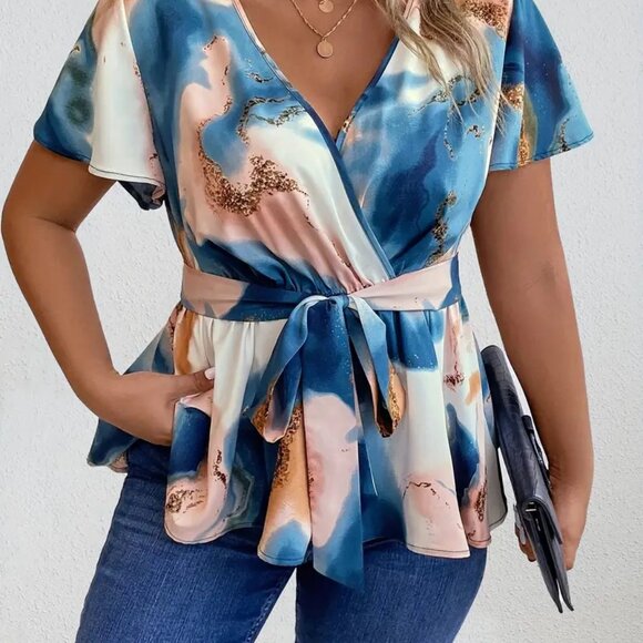 Plus Size Elegant V-Neck Belted Trendy Summer Tie Dye Blouse Tunic Top 12W -20W - Picture 2 of 10